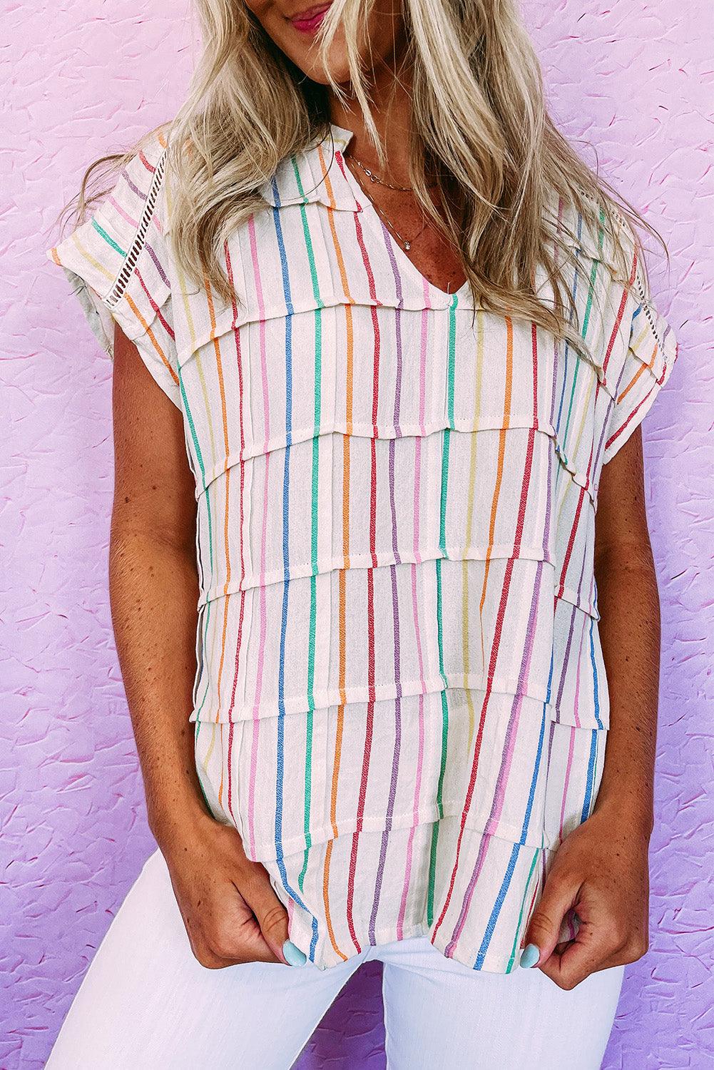 Multicolor Striped Pintuck Tiered Cap Sleeve Blouse - L & M Kee, LLC