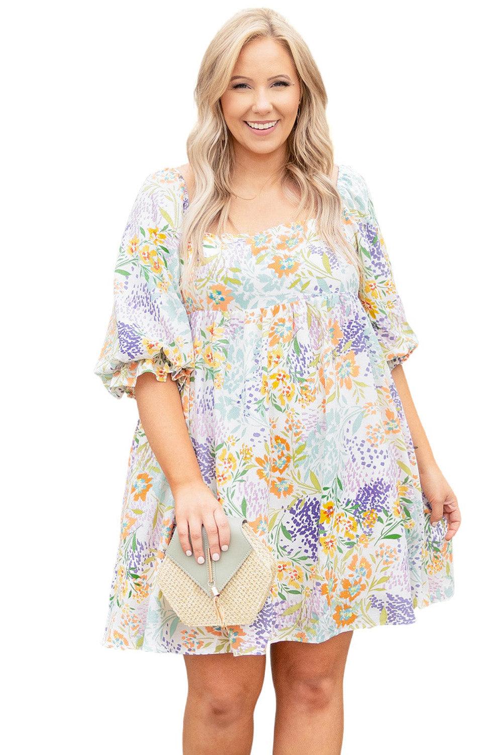 Multicolor Plus Size Floral Print Ruffle Bubble Sleeve Babydoll Dress - L & M Kee, LLC