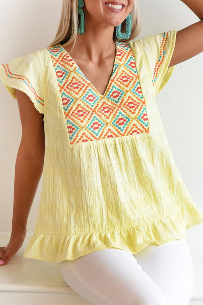 Geometric Embroidery Textured Top with Ruffles