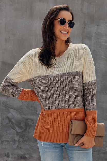 Gray Color Block Netted Texture Pullover Sweater - L & M Kee, LLC