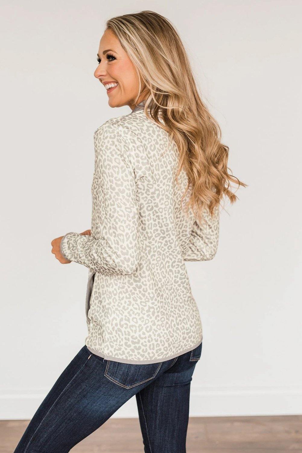 Beige Lapel Snap Front Pocket Leopard Print Sweatshirt - L & M Kee, LLC