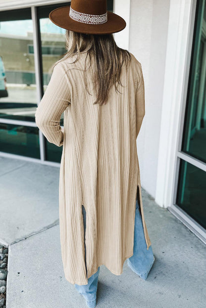 Beige Plus Size Ribbed Long Open Front Cardigan - L & M Kee, LLC