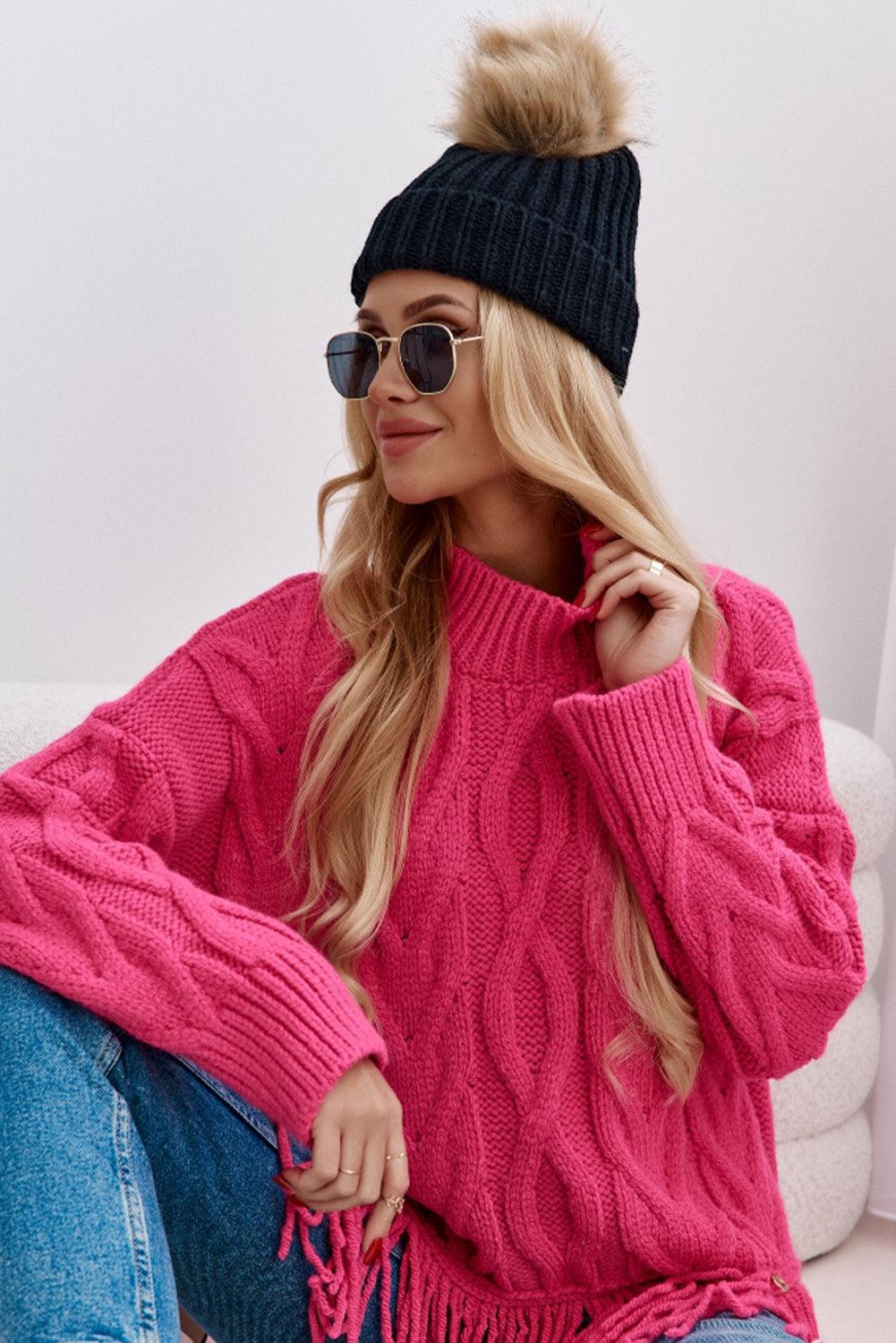 High Neck Cable Knit Tasseled Sweater - L & M Kee, LLC