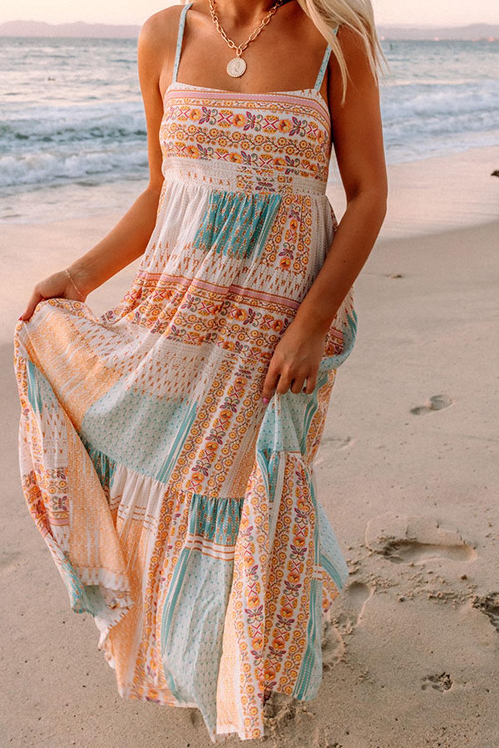 Multicolor Boho Patchwork Print Square Neck Sundress - L & M Kee, LLC