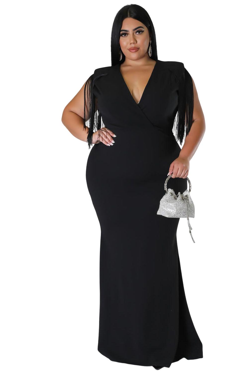 Plus Size Surplice V Neck Fringe Formal Maxi Dress - L & M Kee, LLC