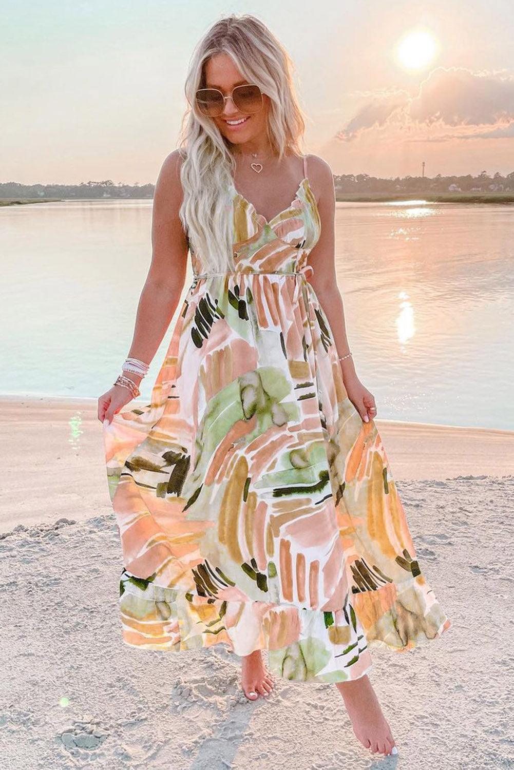 Multicolor Spaghetti Straps Graffti Print Long Dress - L & M Kee, LLC