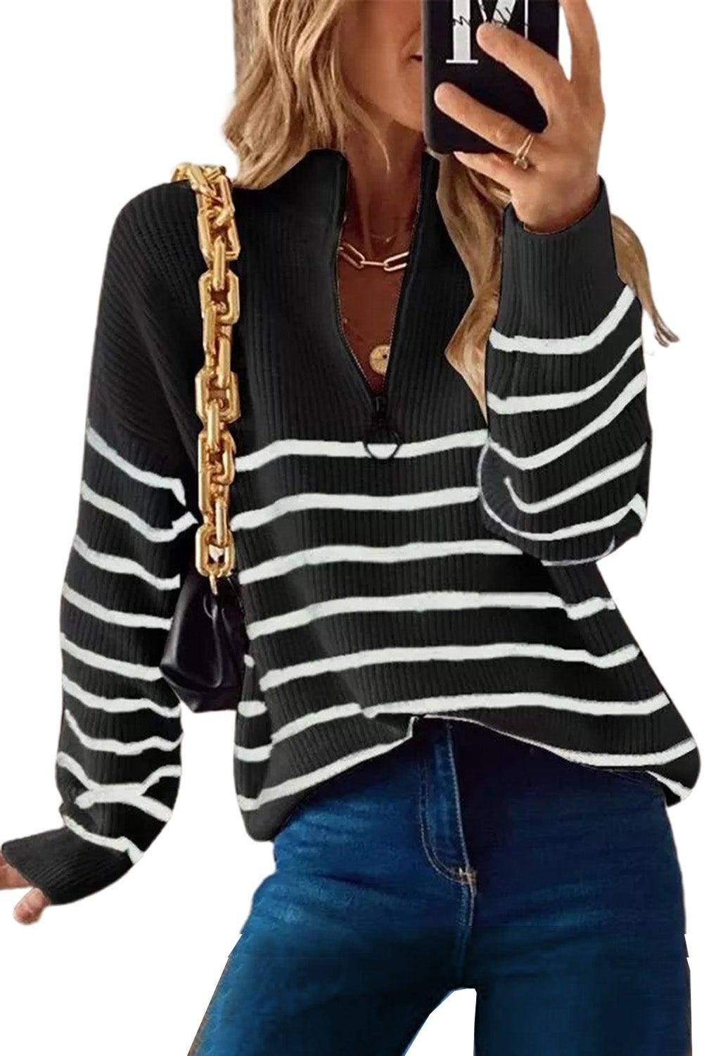 Beige Striped Zipper Knit Sweater - L & M Kee, LLC