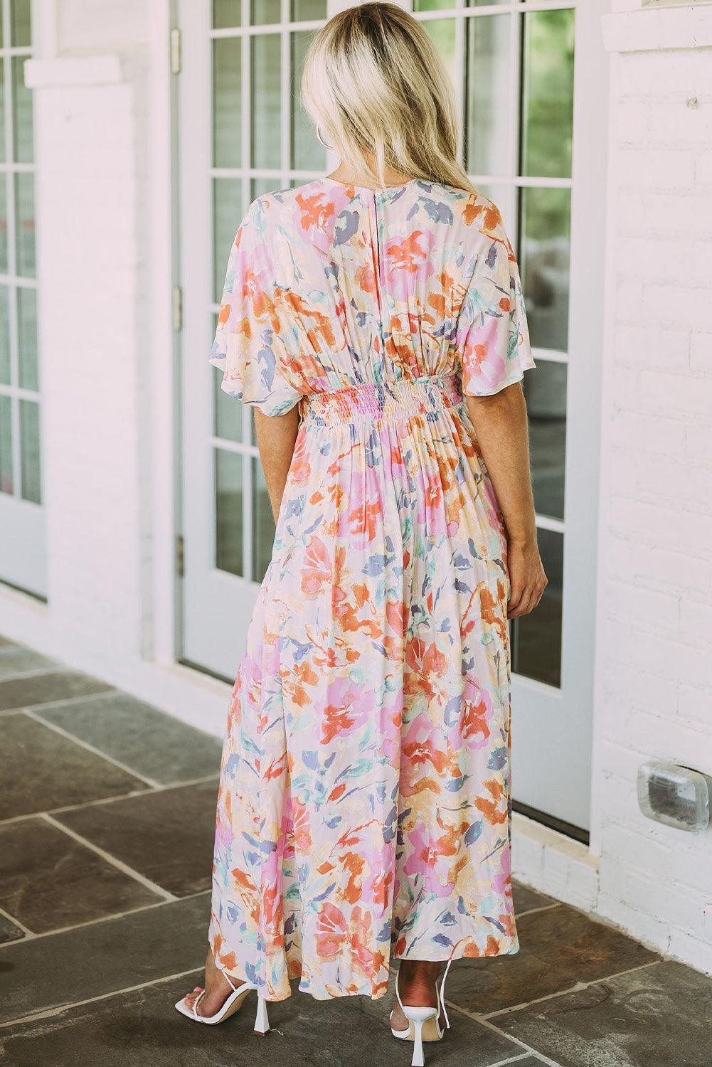 Multicolor Tropical Floral Print Ruched V Neck Maxi Dress - L & M Kee, LLC