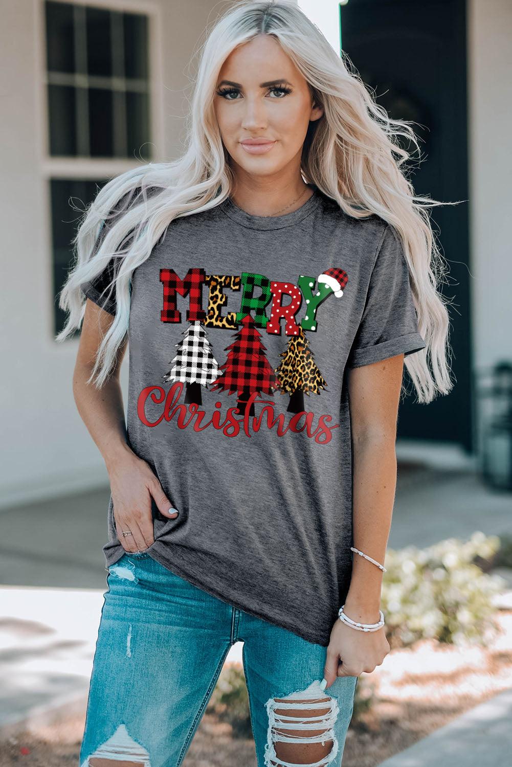 Merry Christmas Trees Graphic Print Short Sleeve T Shirt - L & M Kee, LLC