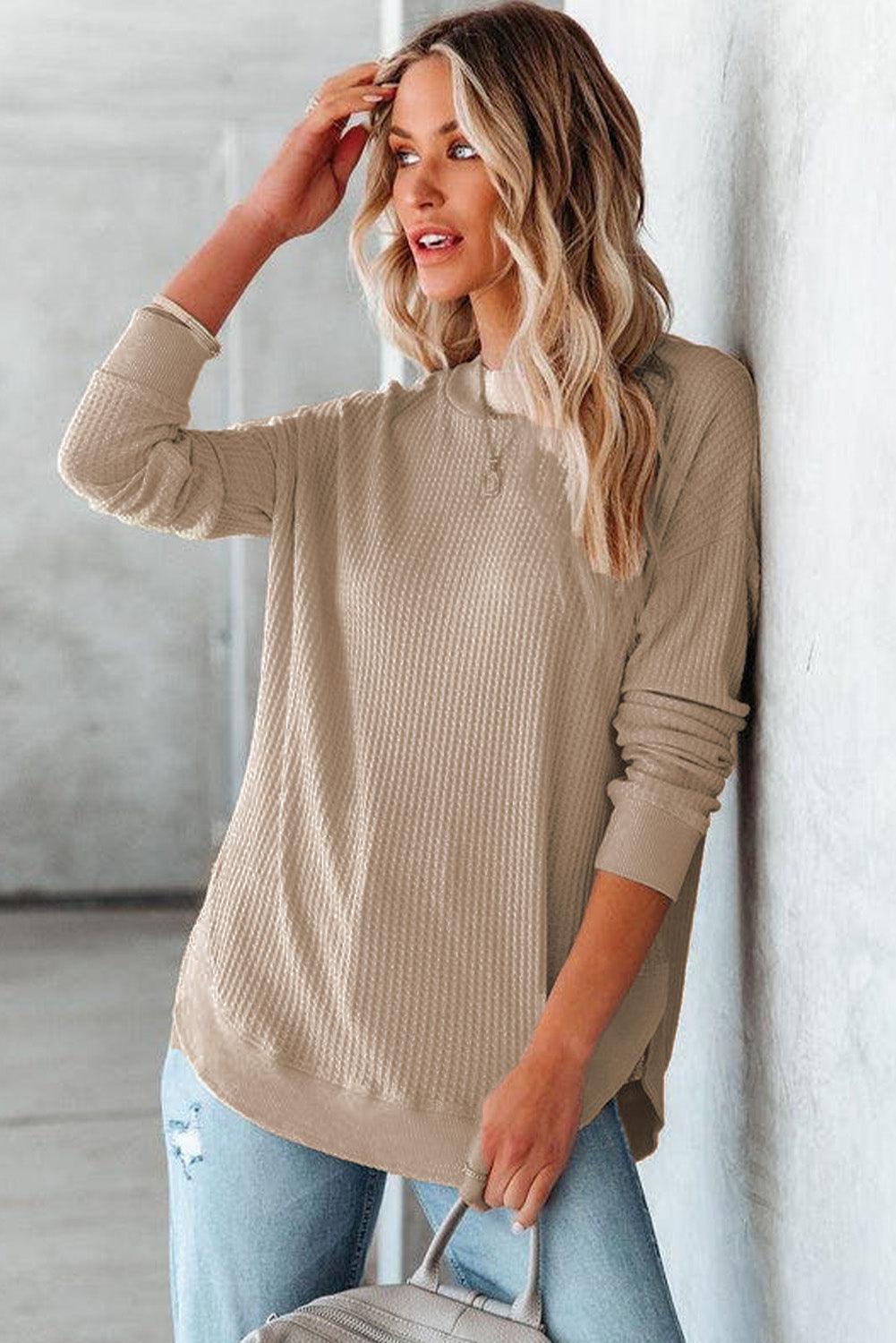 Crew Neck Ribbed Trim Waffle Knit Top - L & M Kee, LLC