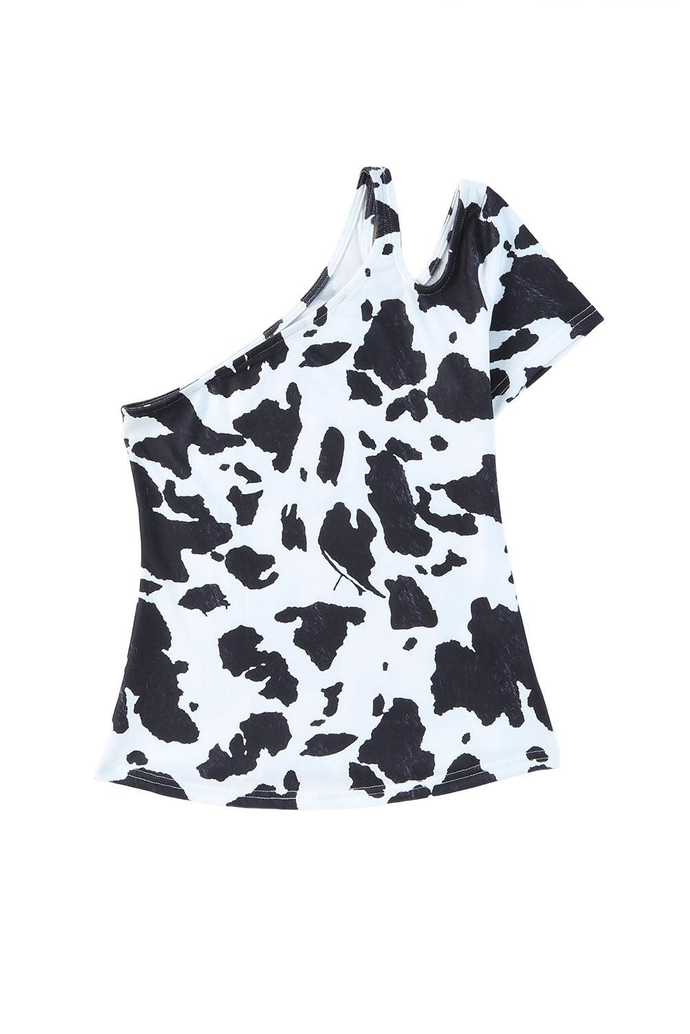 One Shoulder Cow Print Cut out Short Sleeve Top - L & M Kee, LLC