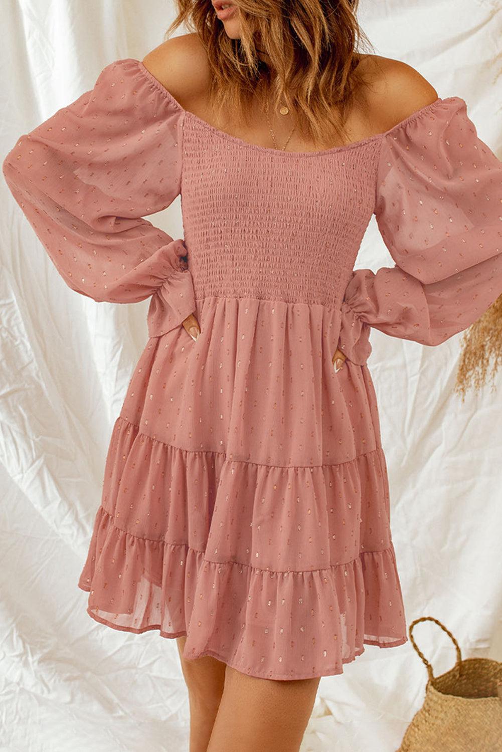 Dotted Smocked Ruffled Long Sleeve Mini Dress - L & M Kee, LLC