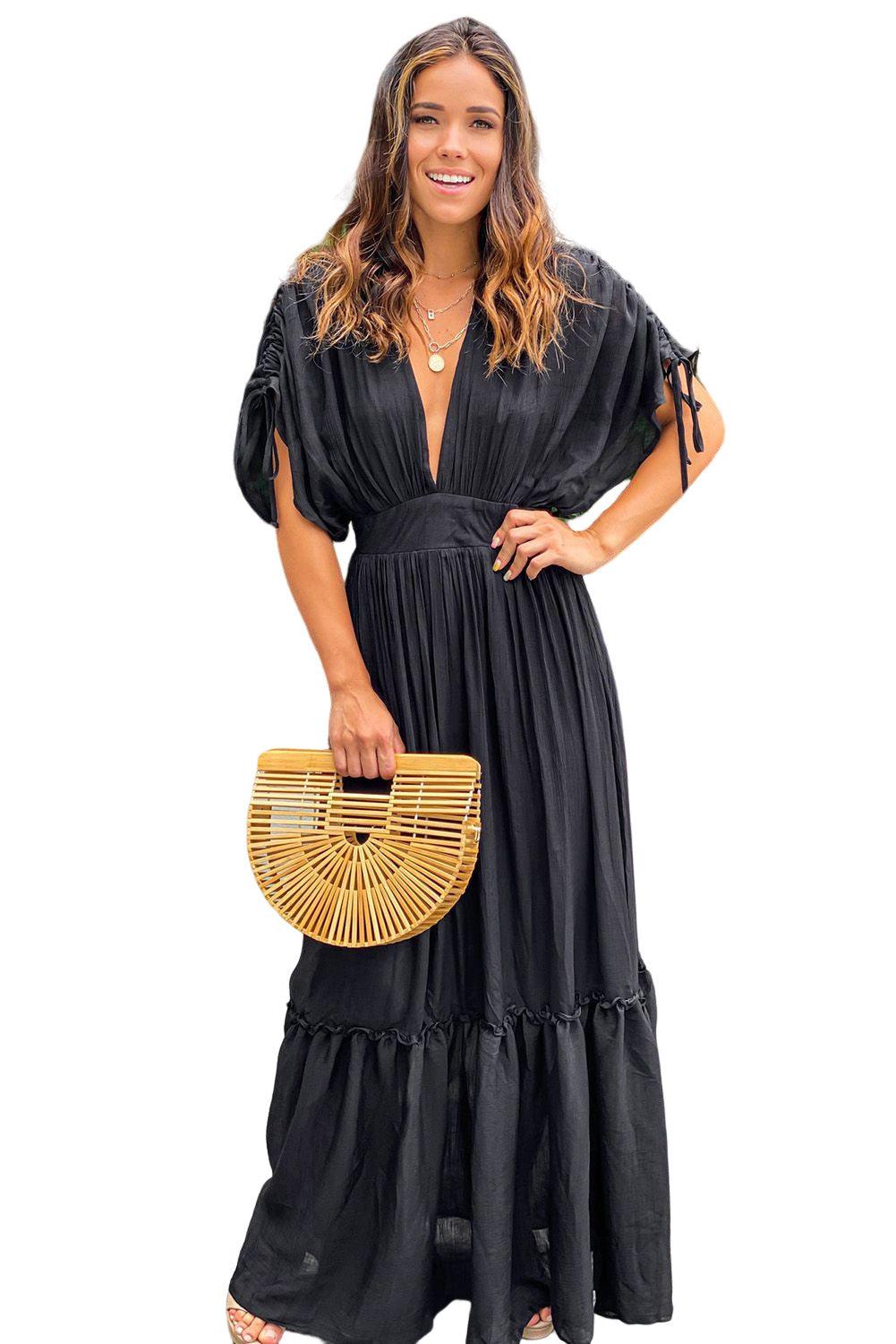 Drawstring Pleated Kimono Sleeve Ruffle Maxi Dress - L & M Kee, LLC