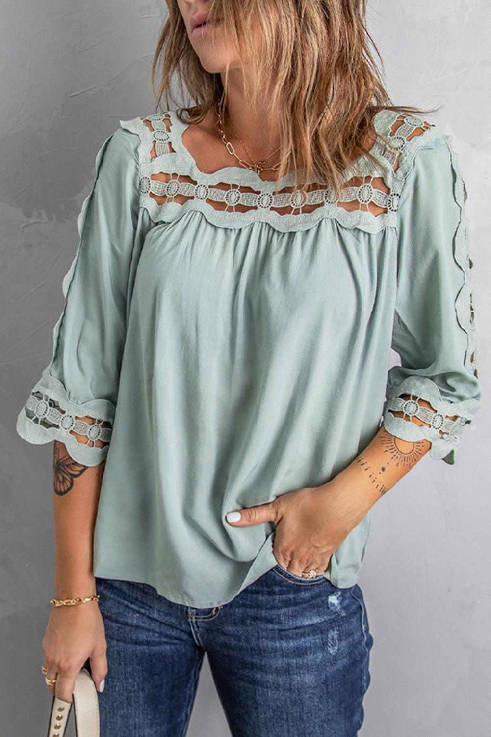 Green Drak Green Crochet Trim Hollow-out Blouse - L & M Kee, LLC