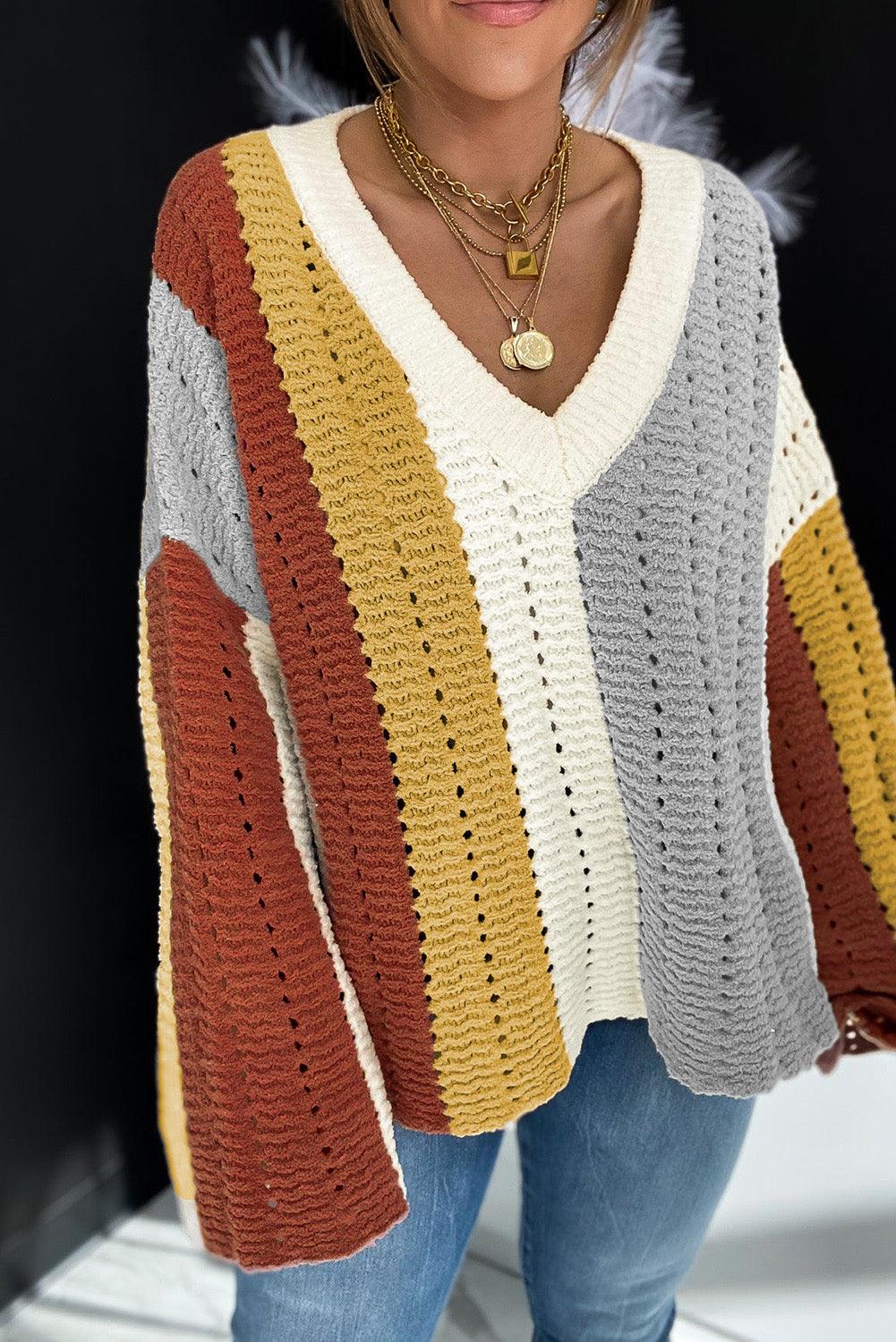 Multicolor Color Block Patchwork V Neck Knit Sweater - L & M Kee, LLC