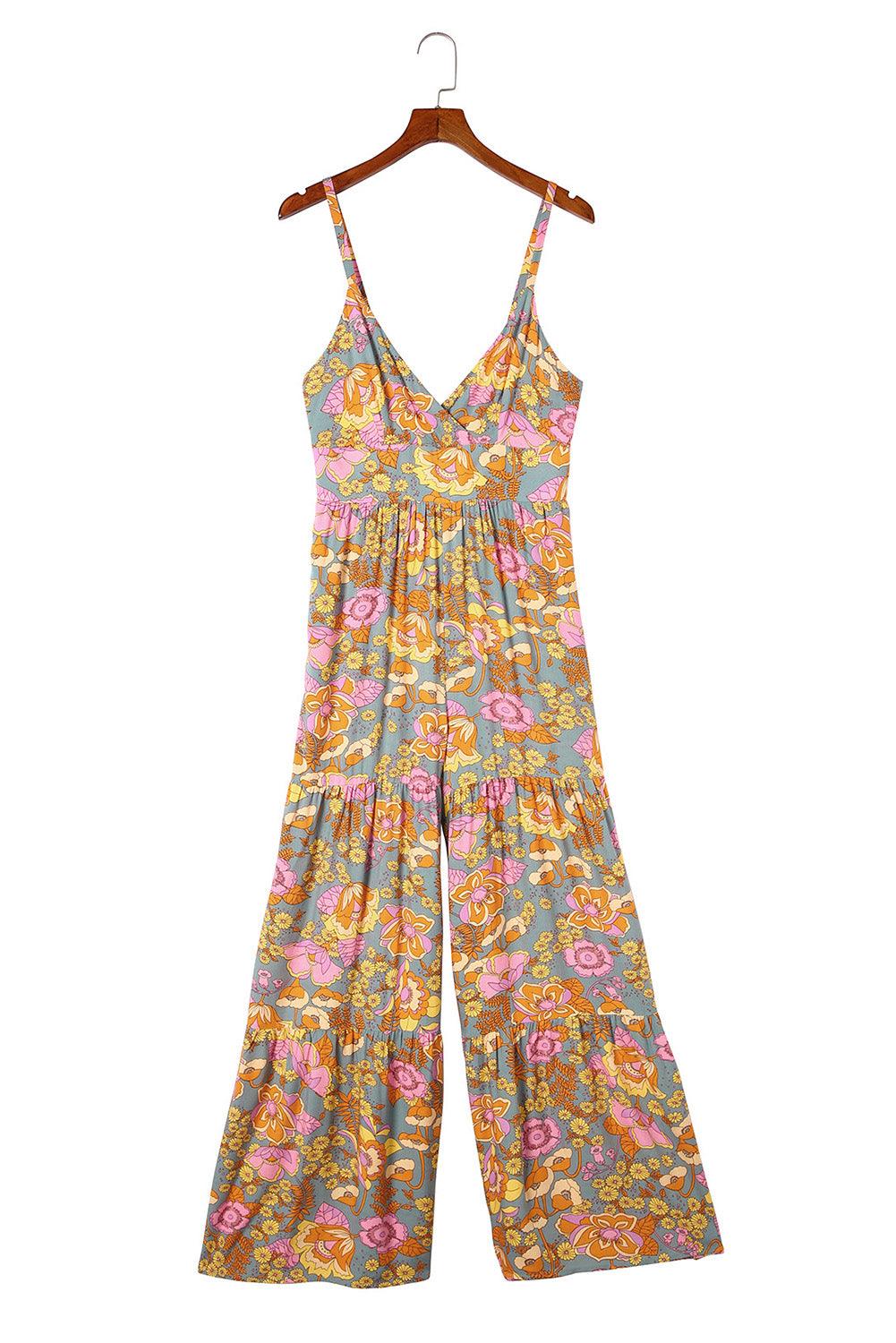 Adjustable Straps Floral Tiered Wide Leg Jumpsuit - L & M Kee, LLC