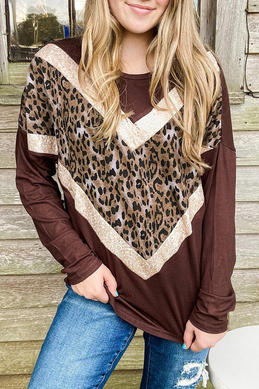 Chevron Sequin Leopard Splicing Long Sleeve Top - L & M Kee, LLC