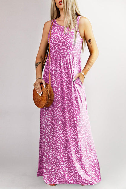 Leopard Print Pocketed Sleeveless Maxi Dress - L & M Kee, LLC