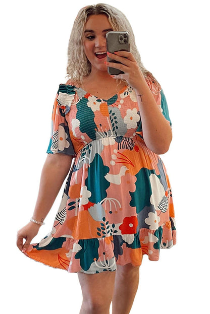 Multicolor Plus Size Shirred Mixed Print Ruffle Dress - L & M Kee, LLC