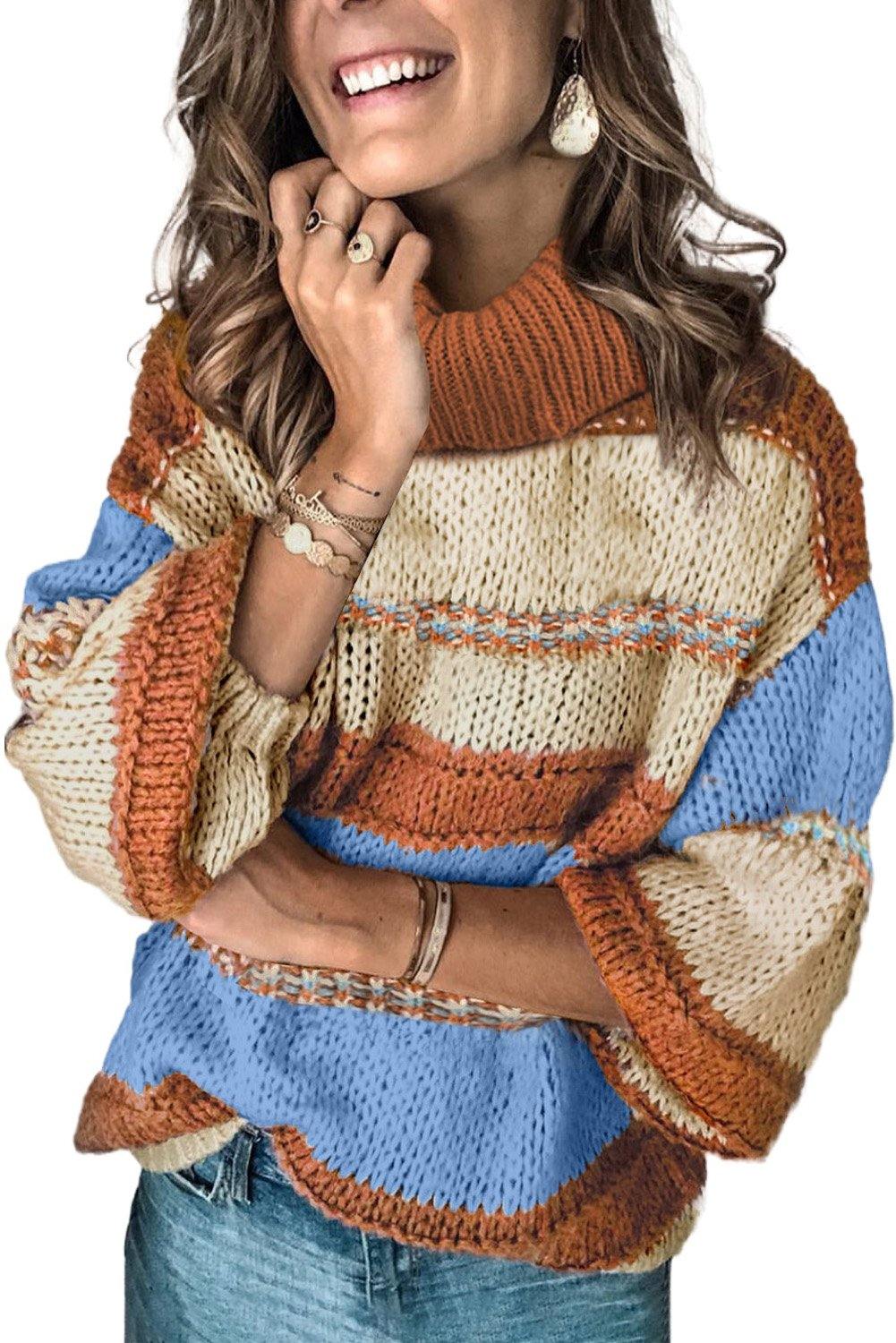 Turtleneck Color Block Balloon Sleeves Knit Sweater - L & M Kee, LLC