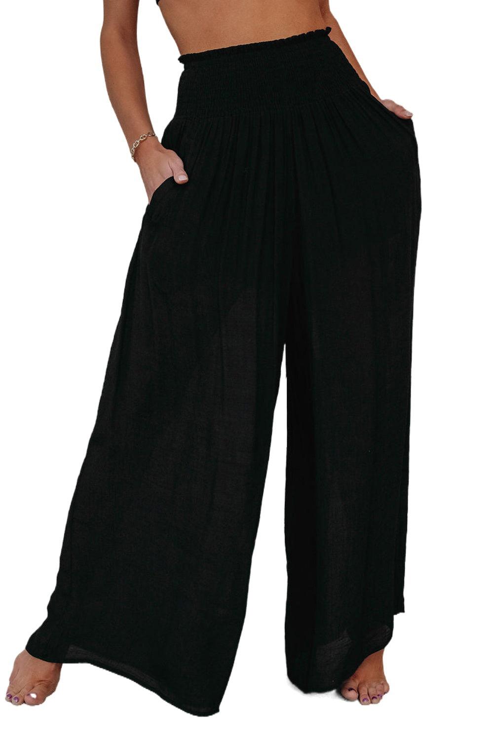 Frill Smocked High Waist Flowy Wide Leg Pants - L & M Kee, LLC