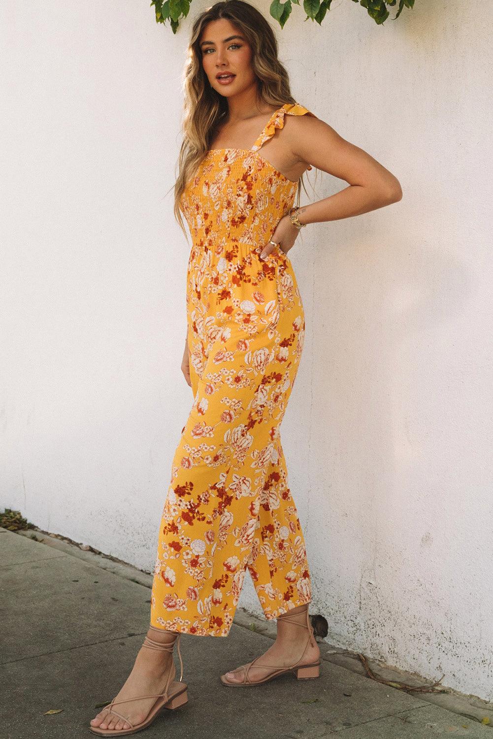 Floral Print Ruffle Shoulder Smocked Wide Leg Jumpsuit - L & M Kee, LLC