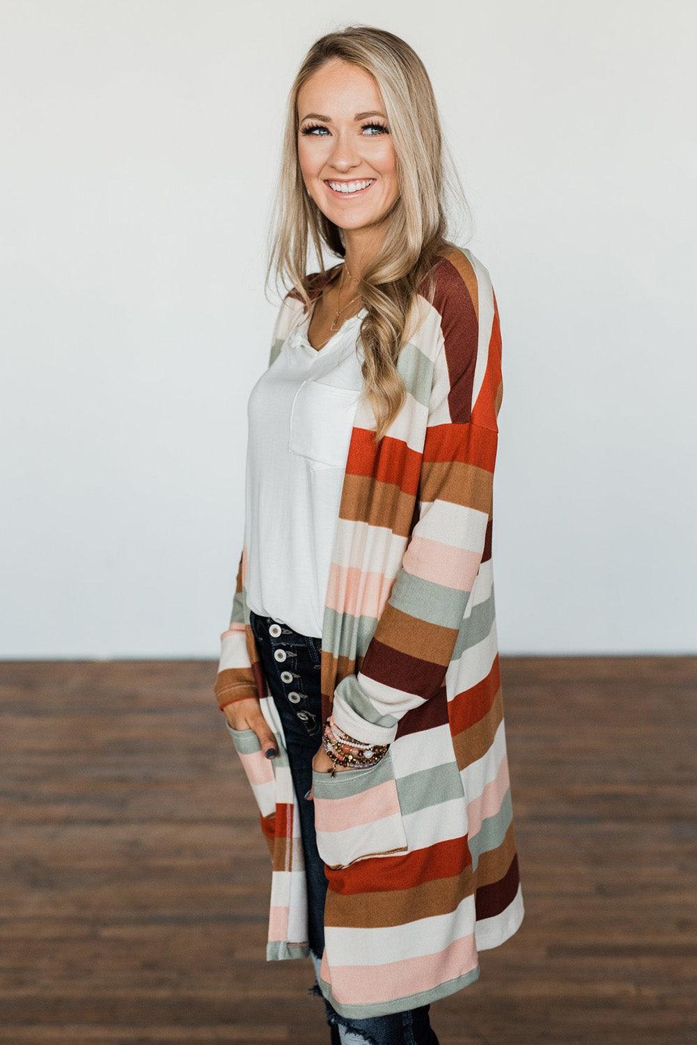 Multicolor Striped Print Pockets Open Front Cardigan - L & M Kee, LLC