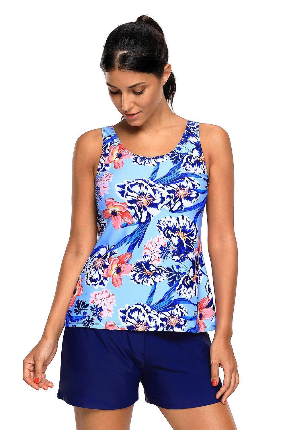 Black Floral Print Tankini and Short Swimsuit - L & M Kee, LLC