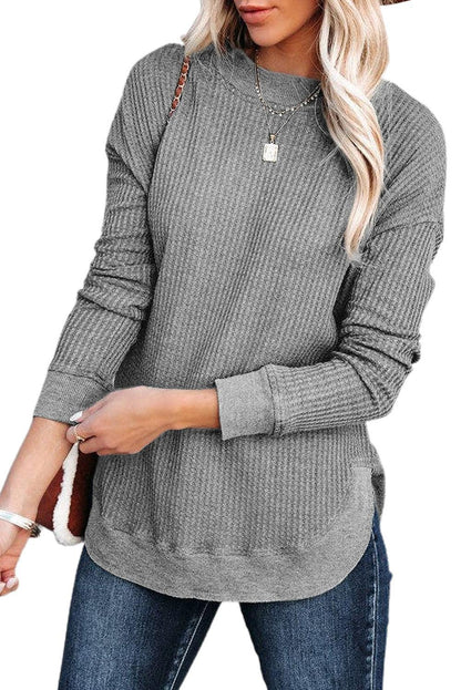 Crew Neck Ribbed Trim Waffle Knit Top - L & M Kee, LLC