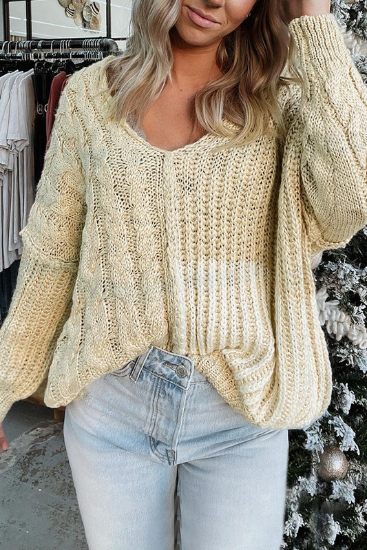 Beige V Neck Loose Knit Sweater - L & M Kee, LLC