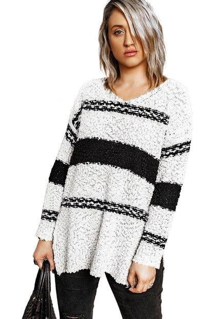 Striped Colorblock V Neck Long Sleeve Knitted Sweater - L & M Kee, LLC