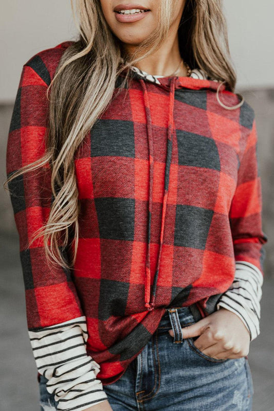 Christmas Plaid Striped Patchwork Drawstring Hoodie - L & M Kee, LLC