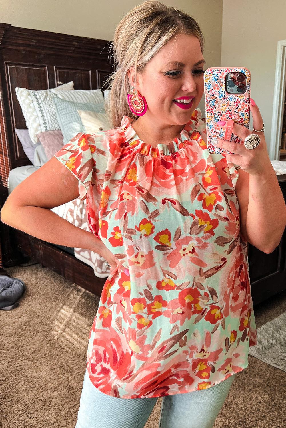 Red Plus Size Watercolor Floral Print Frill Neck Blouse - L & M Kee, LLC