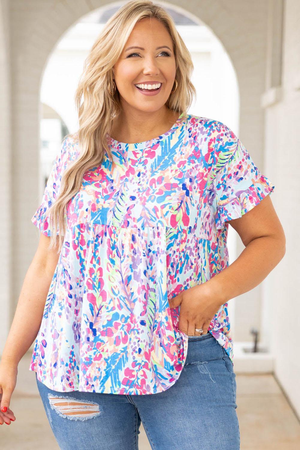 Vibrant Botanical Print Frill Short Sleeve Plus Size Top - L & M Kee, LLC