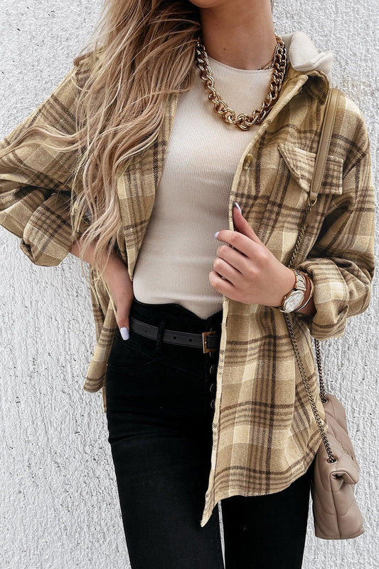 Khaki Plaid Shirt Hooded Coat - L & M Kee, LLC