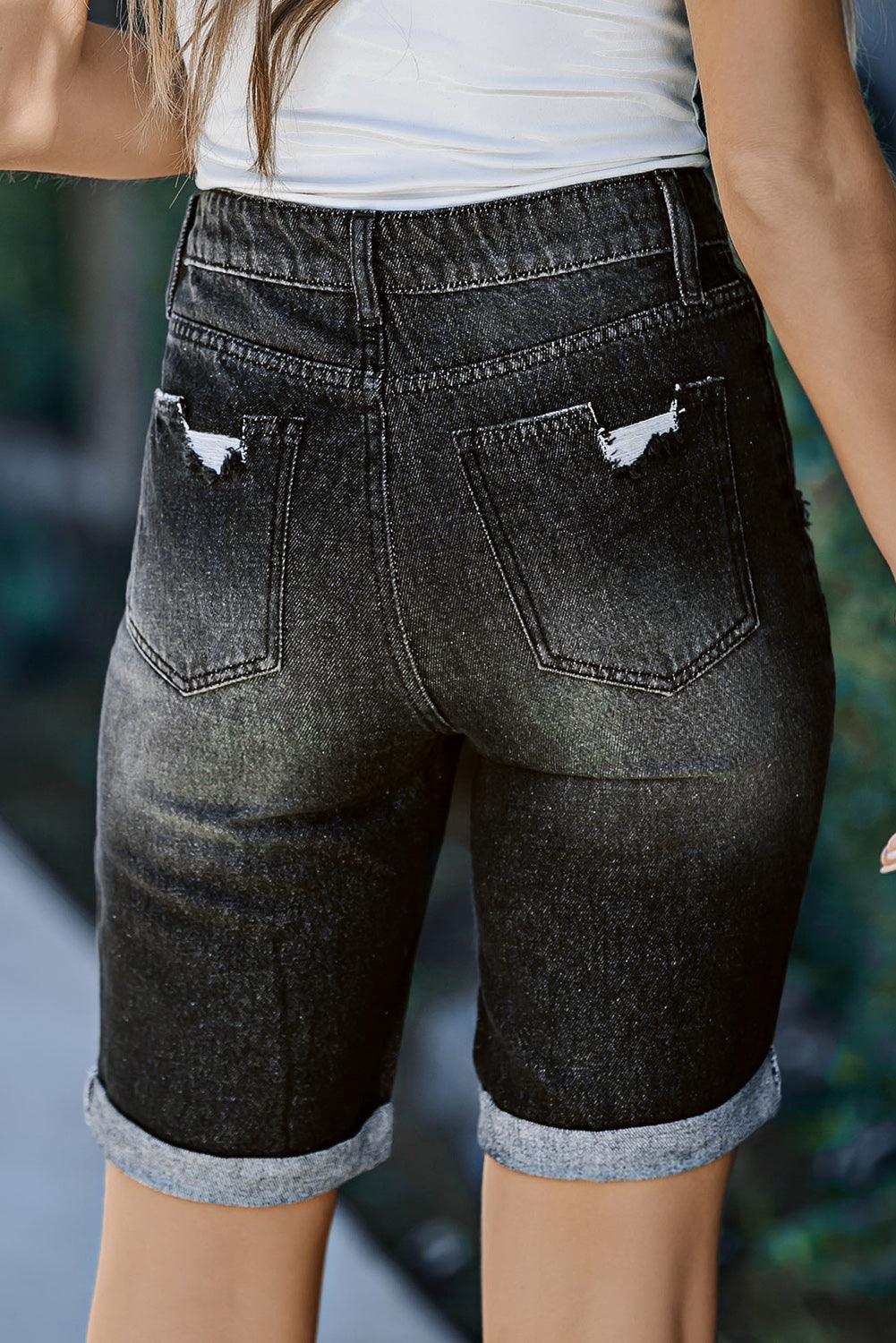 Roll-up Distressed Bermuda Denim Shorts - L & M Kee, LLC