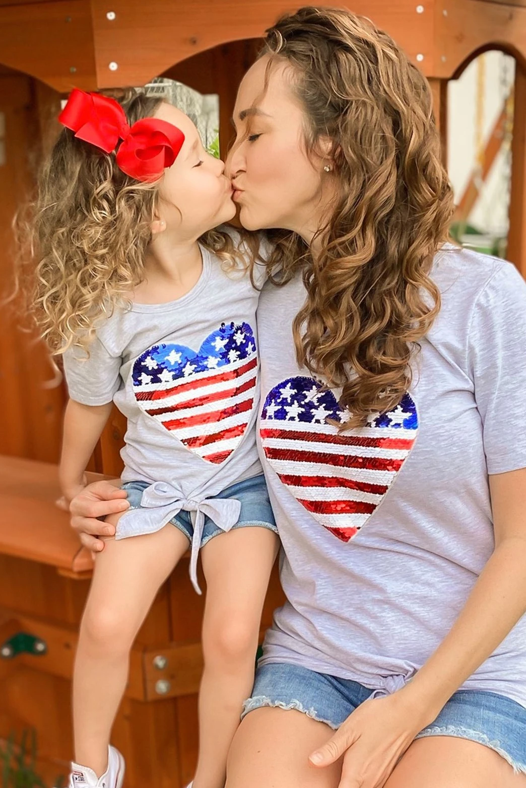 Mommy and Me Patriotic Flag Sequin Heart Applique Knot Top - L & M Kee, LLC