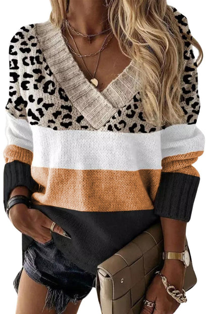 Khaki Leopard Color Block Long Sleeve Sweater - L & M Kee, LLC