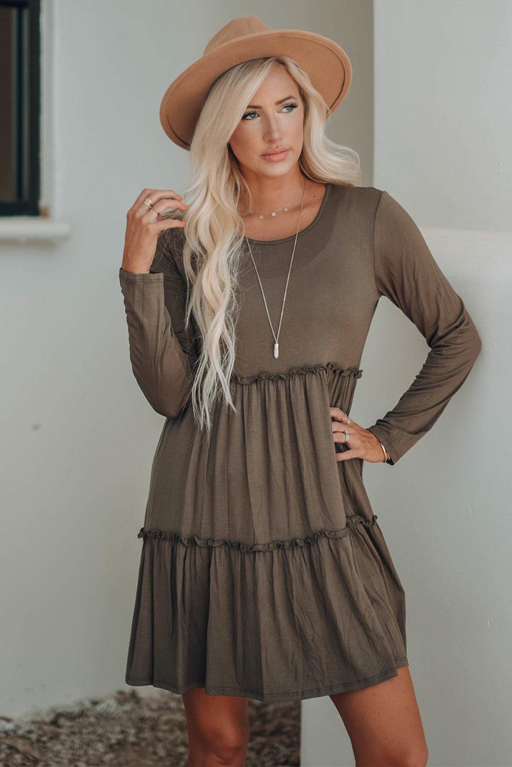 Long Sleeve Ruffled Solid Swing Mini Dress - L & M Kee, LLC