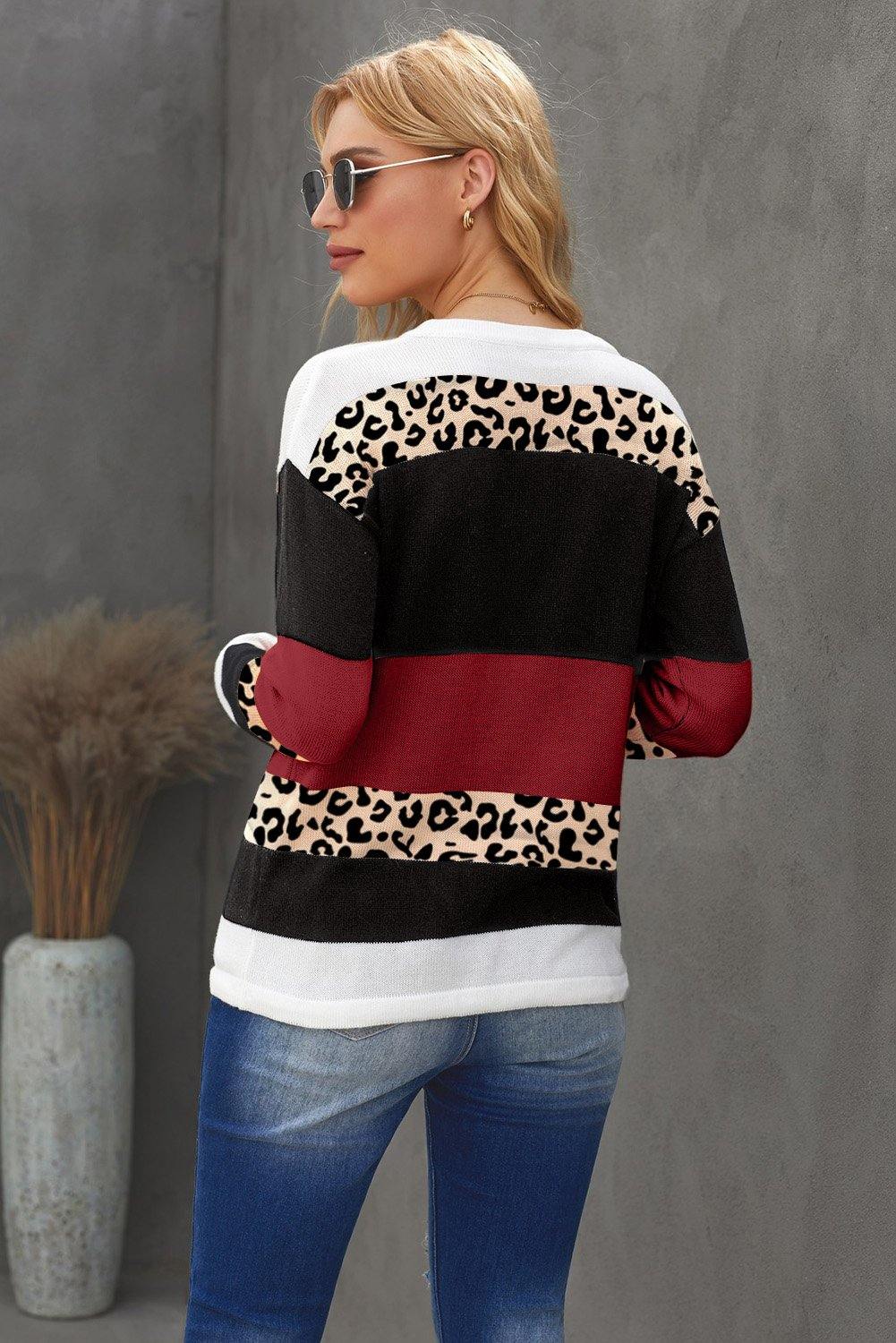 Crewneck Leopard Color Block Knit Pullover Sweater - L & M Kee, LLC