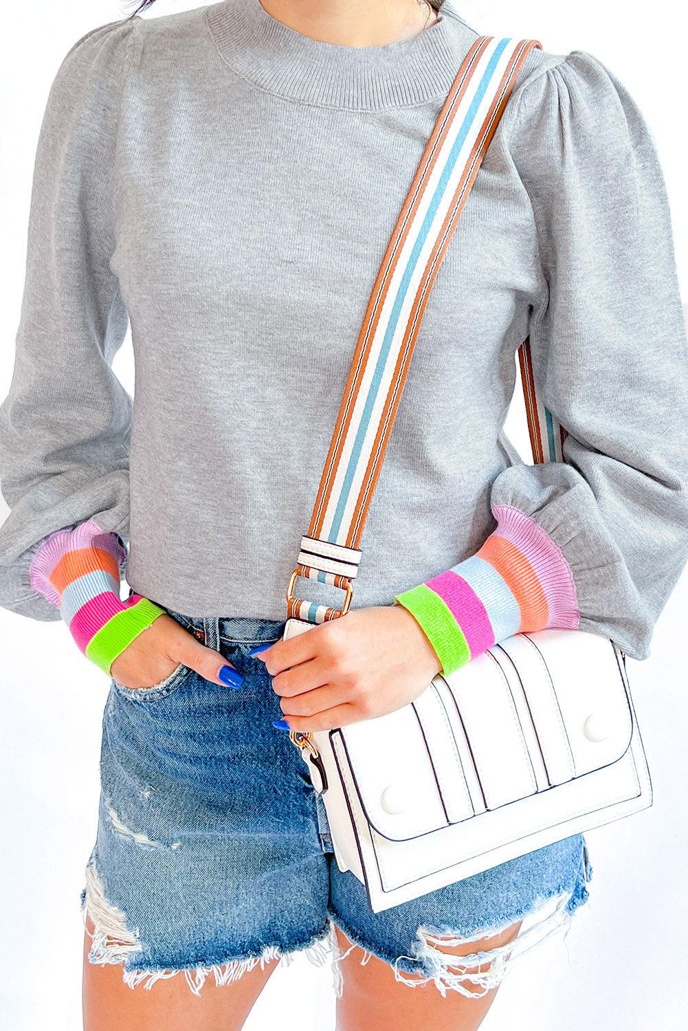 Crew Neck Colorful Striped Cuffs Puff Sleeves Sweater - L & M Kee, LLC