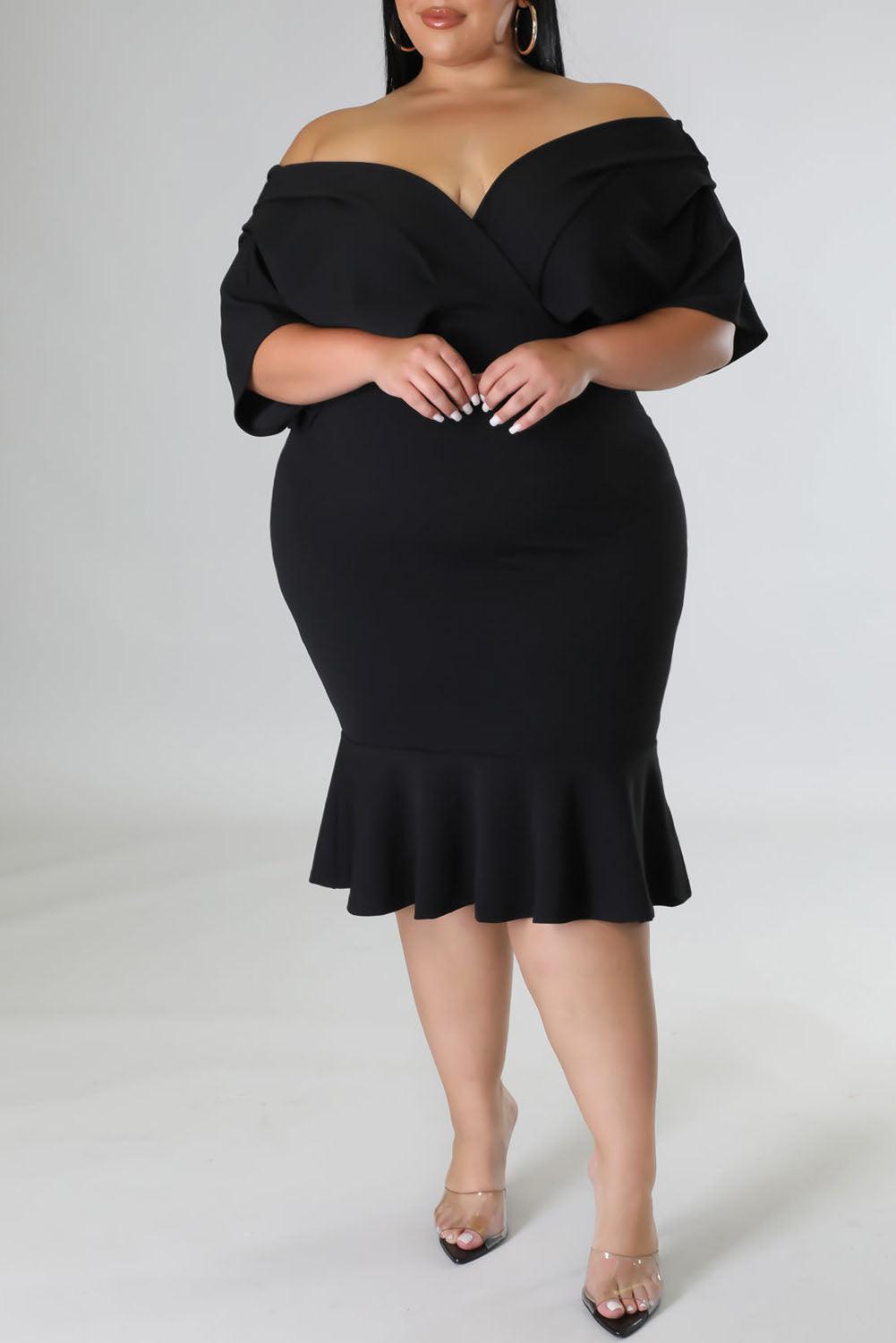 Plus Size Pleated V Neck Ruffle Hem Bodycon Dress - L & M Kee, LLC