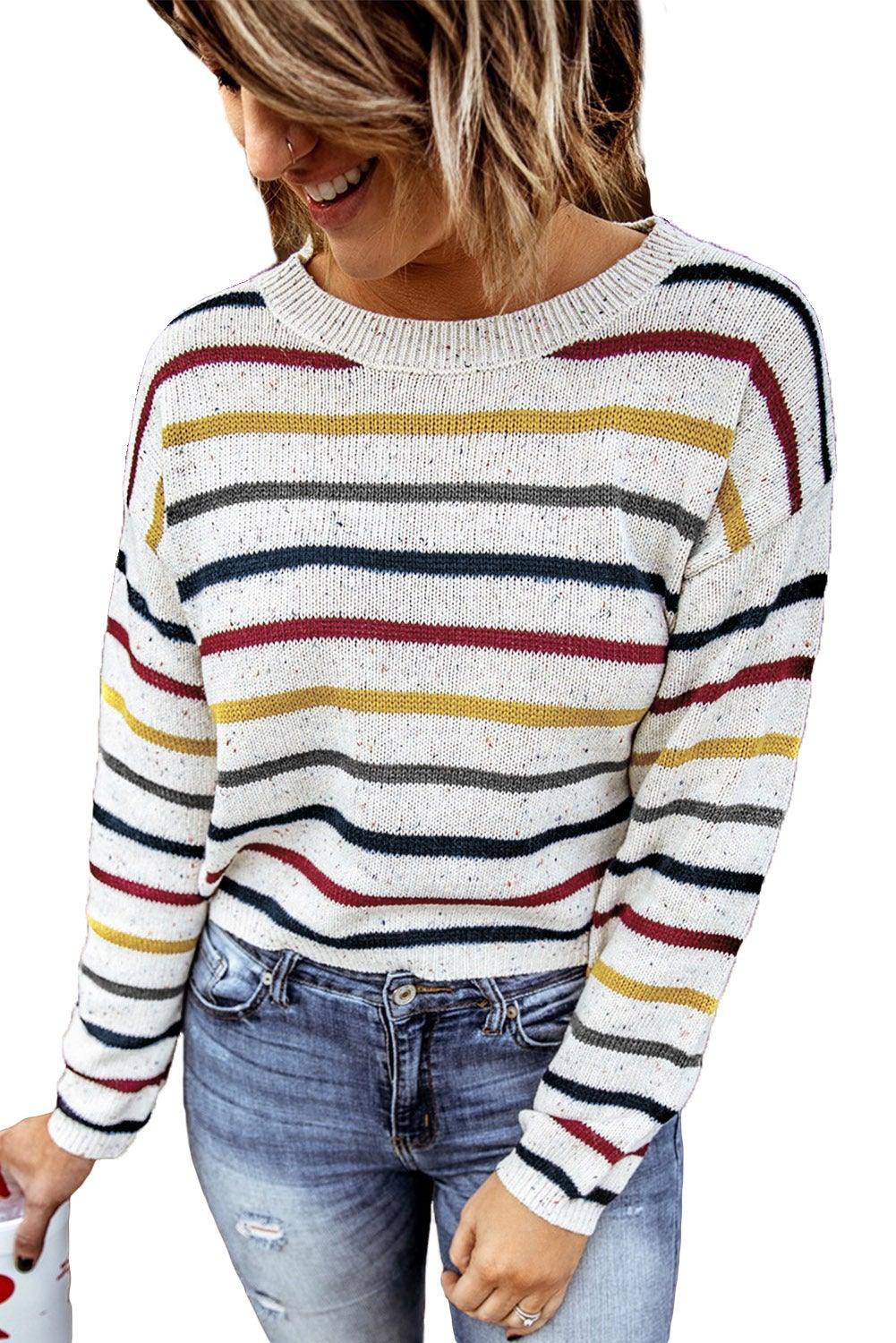 Striped Drop Sleeve Crew Neck Knit Sweater - L & M Kee, LLC