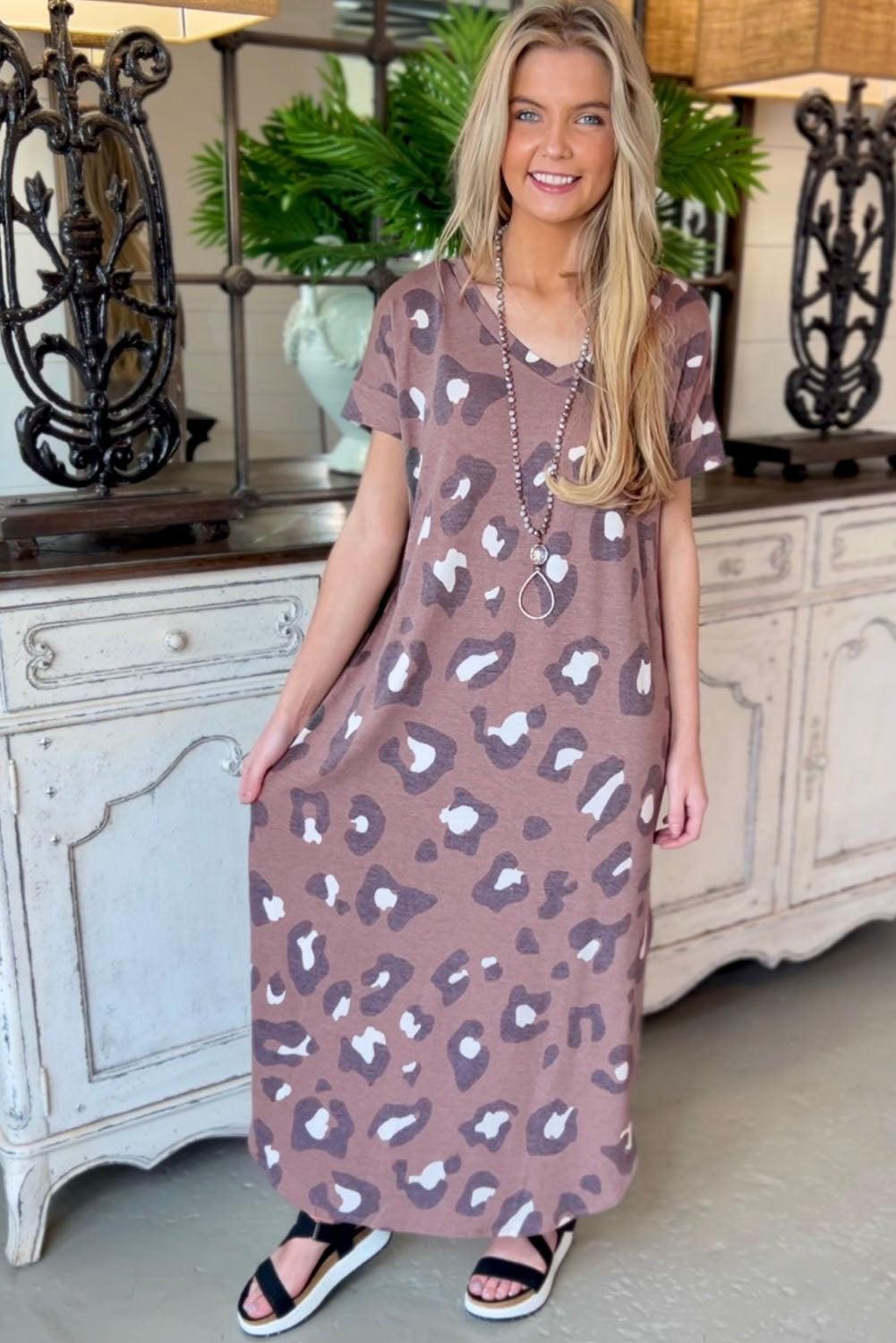 Print V Neck Long T-shirt Dress - L & M Kee, LLC