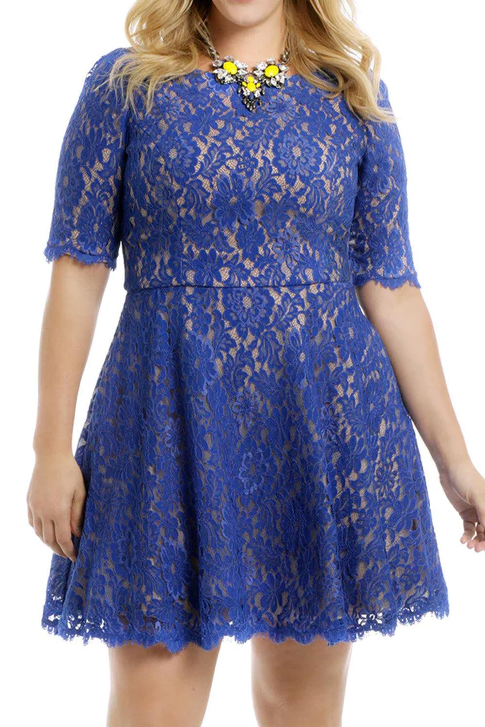 Floral Lace Nude Illusion Plus Size Skater Dress - L & M Kee, LLC