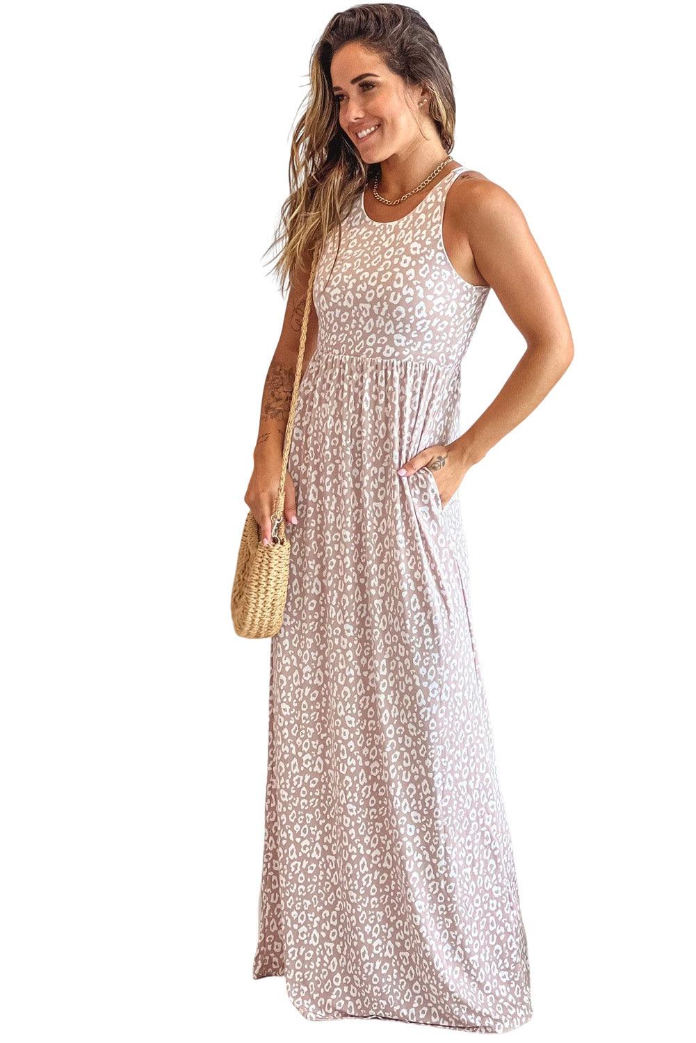 Leopard Print Pocketed Sleeveless Maxi Dress - L & M Kee, LLC