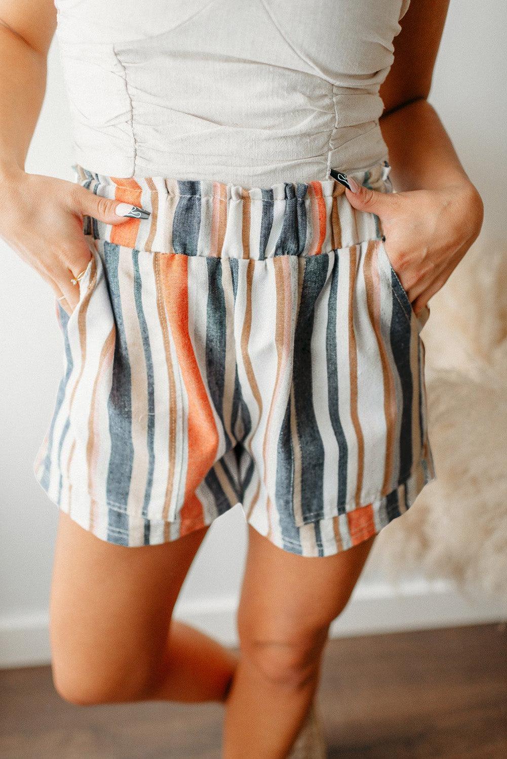 Stripe Vintage Washed Elastic Frill Waist Casual Shorts - L & M Kee, LLC