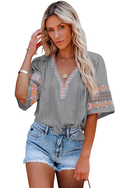 Beige Tassel Drawstring Embroidered Half Sleeve V Neck Top - L & M Kee, LLC