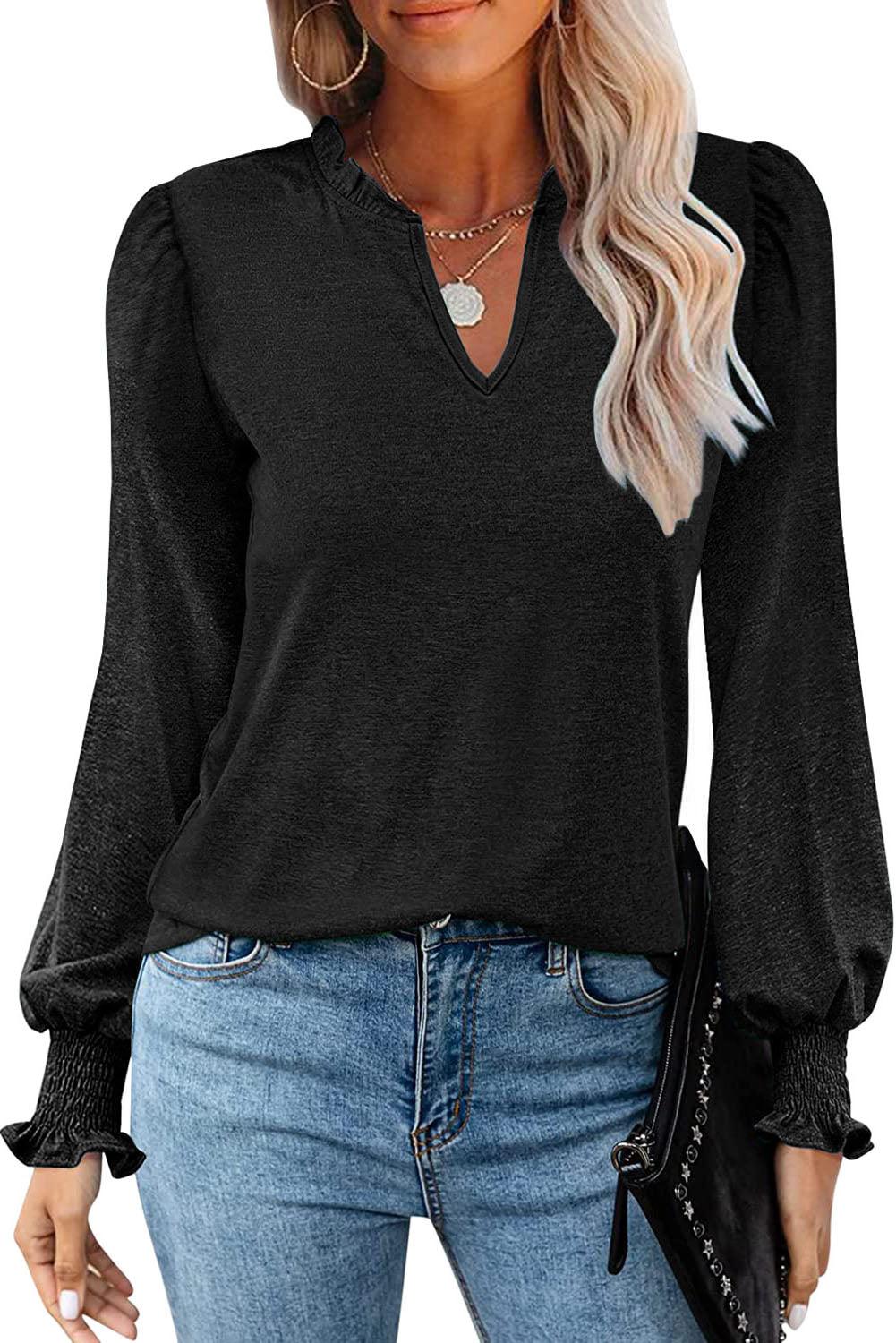 Frill V Neck Puff Long Sleeve Top - L & M Kee, LLC