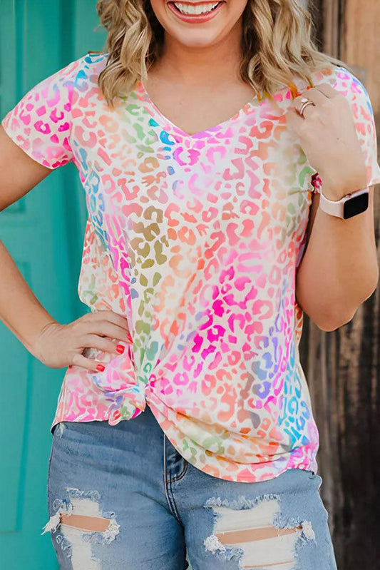 Colorful Leopard V Neck Short Sleeve Top - L & M Kee, LLC